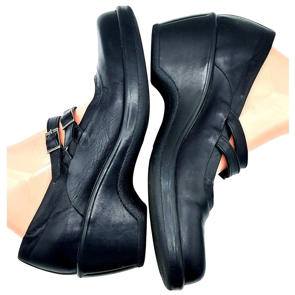 Vintage Dansko Mary Jane Wedge Shoes Women Size 41 Black Leather Double‎ Buckle